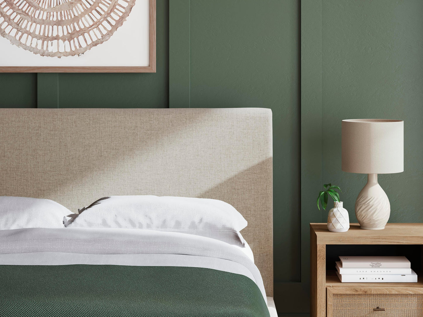 Cielden Queen Upholstered Bed with Roll Slats, Dresser, Mirror and Nightstand