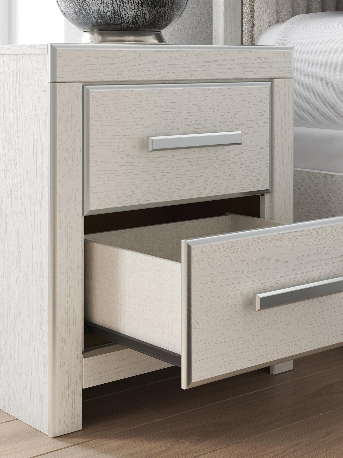 Birmonton King Upholstered Panel Platform Storage Bed, Dresser, Mirror, Chest and Nightstand