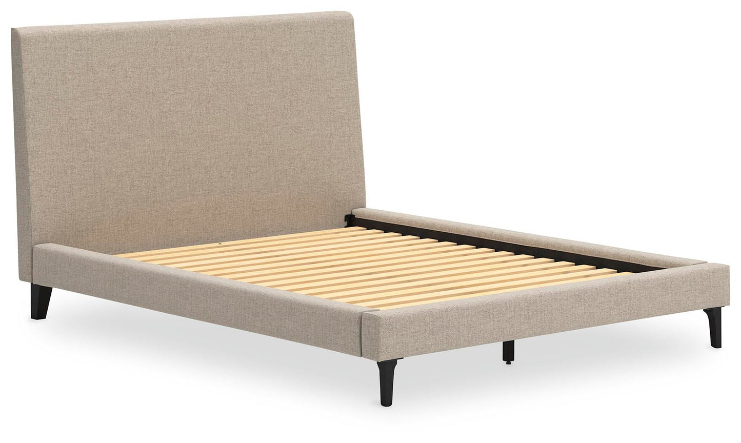 Cielden Queen Upholstered Bed with Roll Slats, Dresser, Mirror, Chest and Nightstand