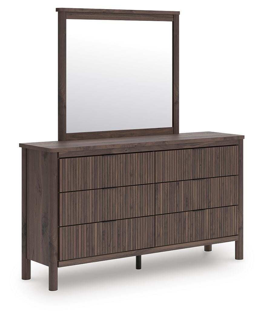 Pamytta Queen Upholstered Panel Bed, Dresser, Mirror and Nightstand
