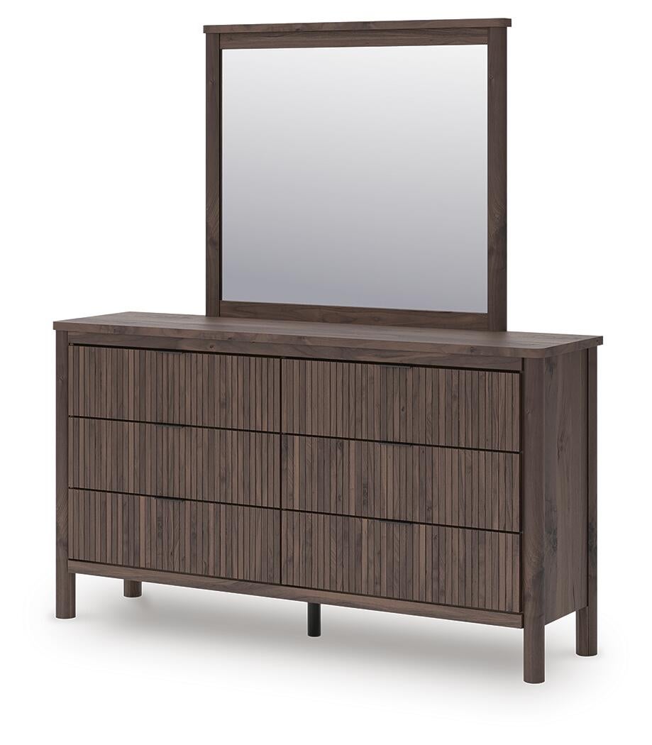 Pamytta Queen Upholstered Panel Bed, Dresser, Mirror and Nightstand