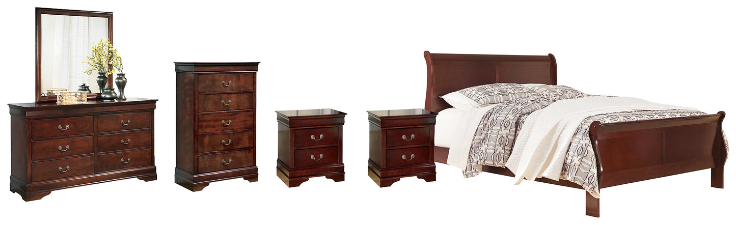 Alisdair California King Sleigh Bed with Mirrored Dresser, Chest and 2 Nightstands Walker Mattress and Furniture