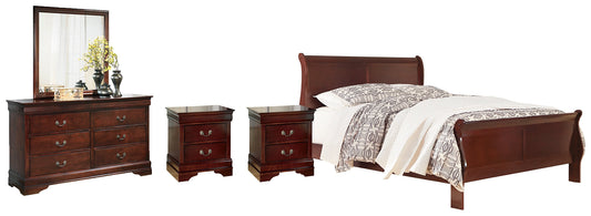 Alisdair California King Sleigh Bed with Mirrored Dresser and 2 Nightstands Walker Mattress and Furniture