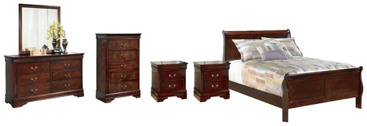 Alisdair Full Sleigh Bed with Mirrored Dresser, Chest and 2 Nightstands Walker Mattress and Furniture