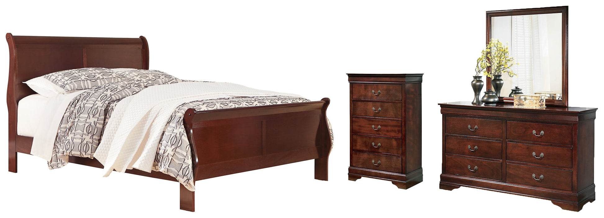 Alisdair Queen Sleigh Bed with Mirrored Dresser and Chest Walker Mattress and Furniture