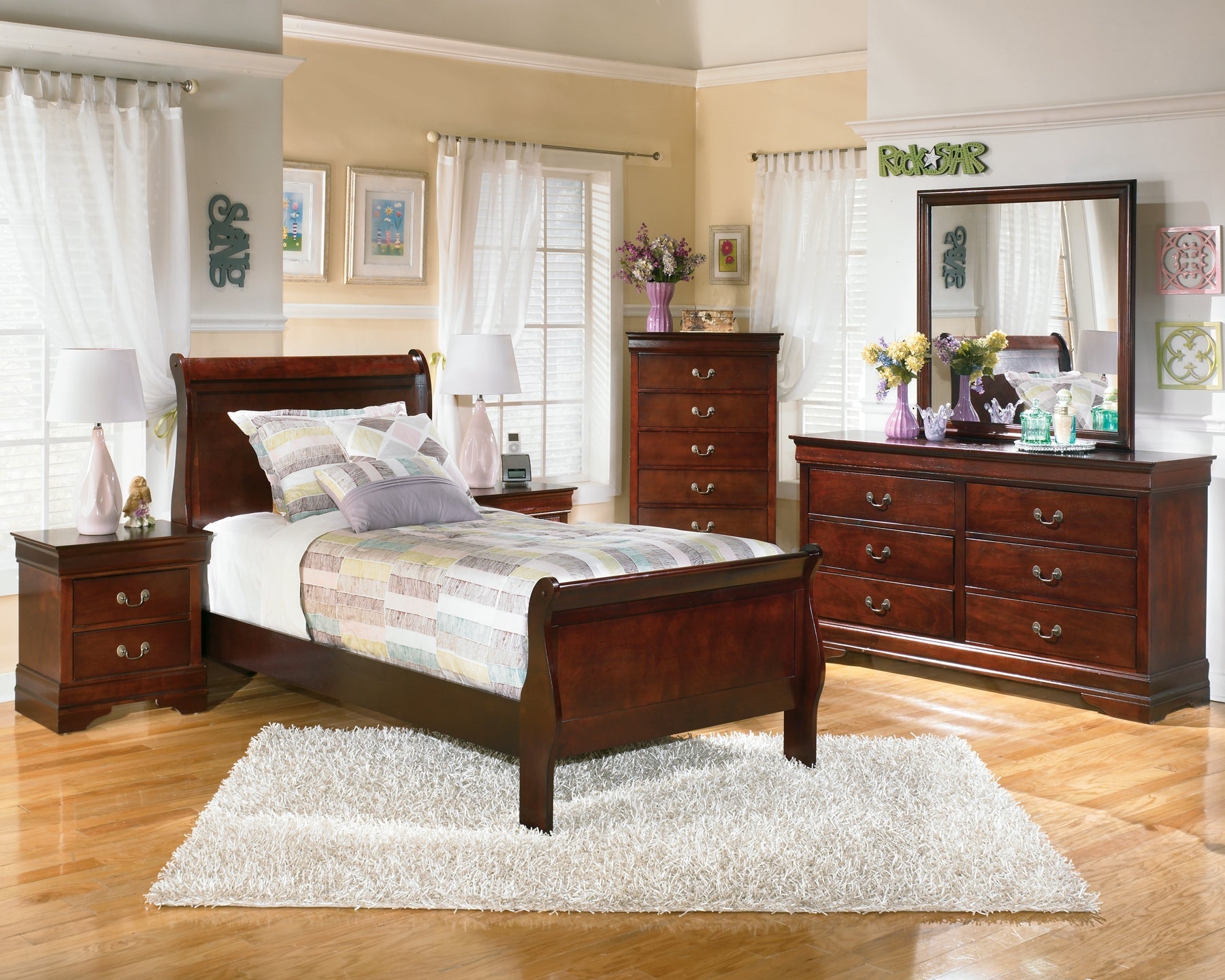 Alisdair Twin Sleigh Bed with Dresser Walker Mattress and Furniture