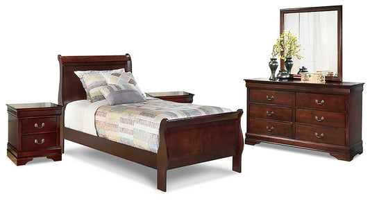 Alisdair Twin Sleigh Bed with Mirrored Dresser and 2 Nightstands Walker Mattress and Furniture