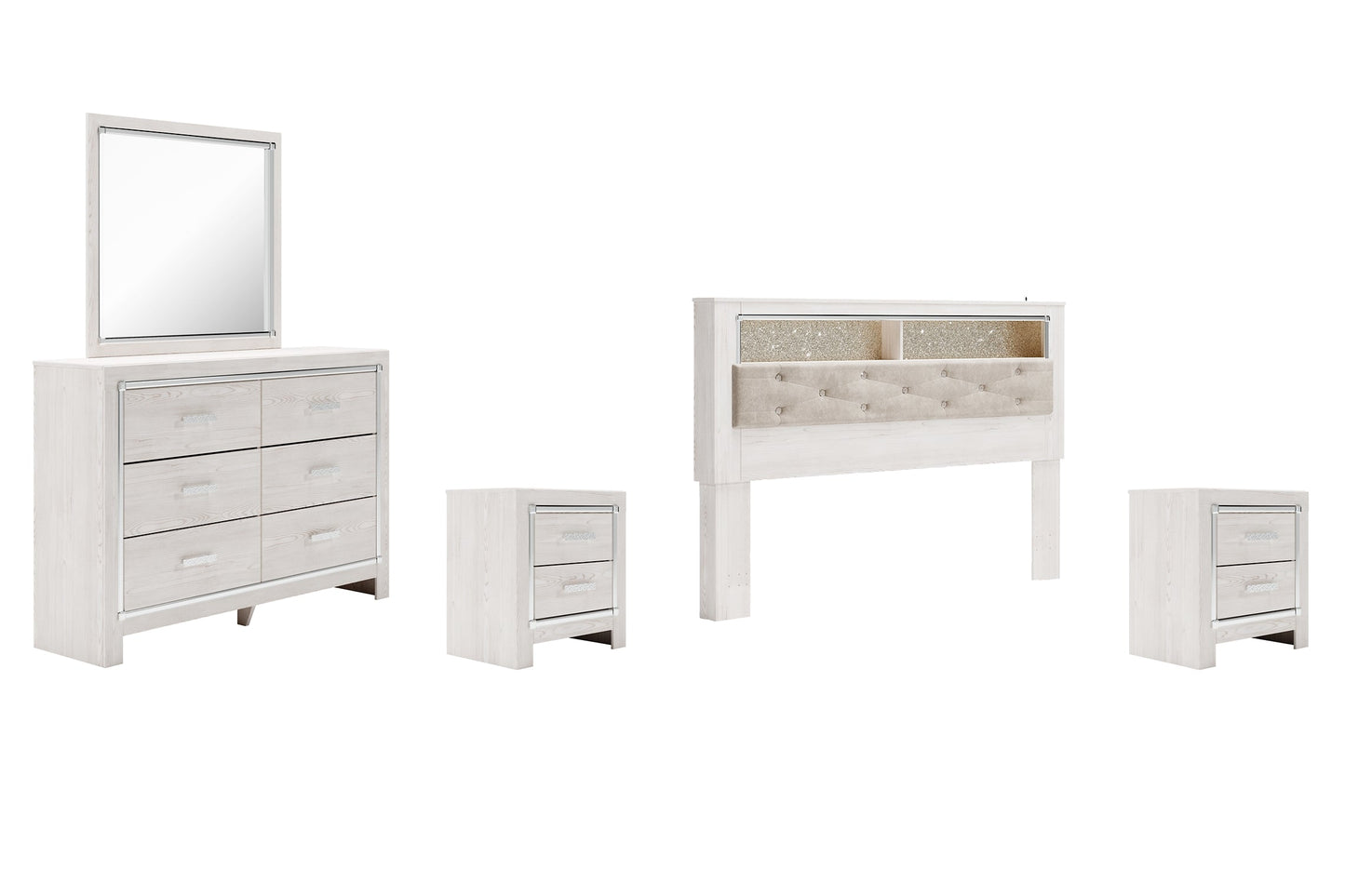 Altyra King Bookcase Headboard with Mirrored Dresser and 2 Nightstands at Walker Mattress and Furniture
