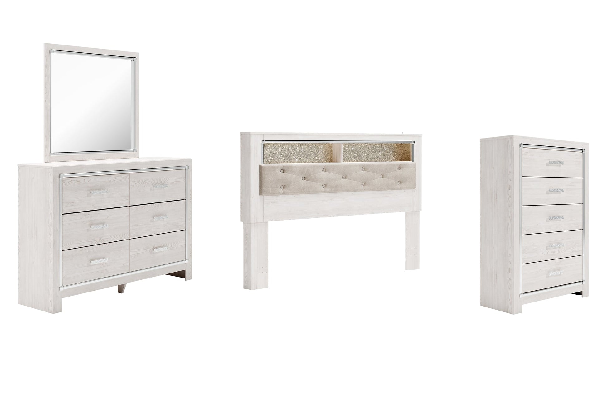 Altyra King Bookcase Headboard with Mirrored Dresser and Chest at Walker Mattress and Furniture