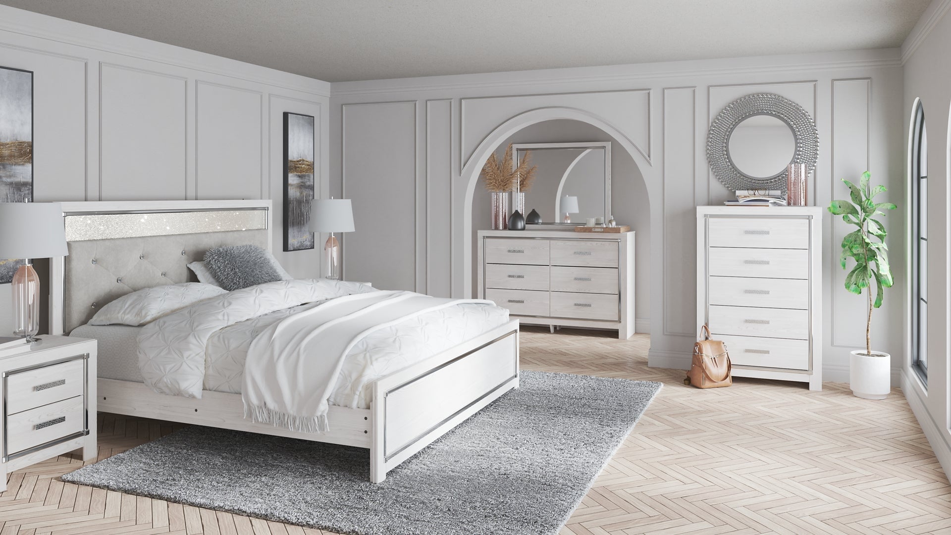 Altyra King Panel Bed with Mirrored Dresser, Chest and 2 Nightstands at Walker Mattress and Furniture