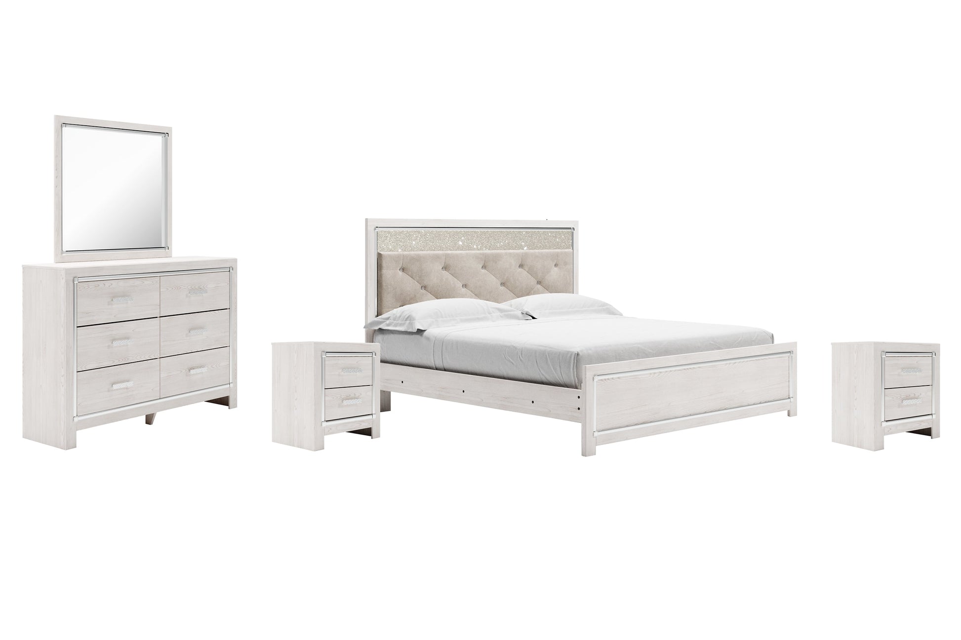 Altyra King Panel Bed with Mirrored Dresser and 2 Nightstands at Walker Mattress and Furniture