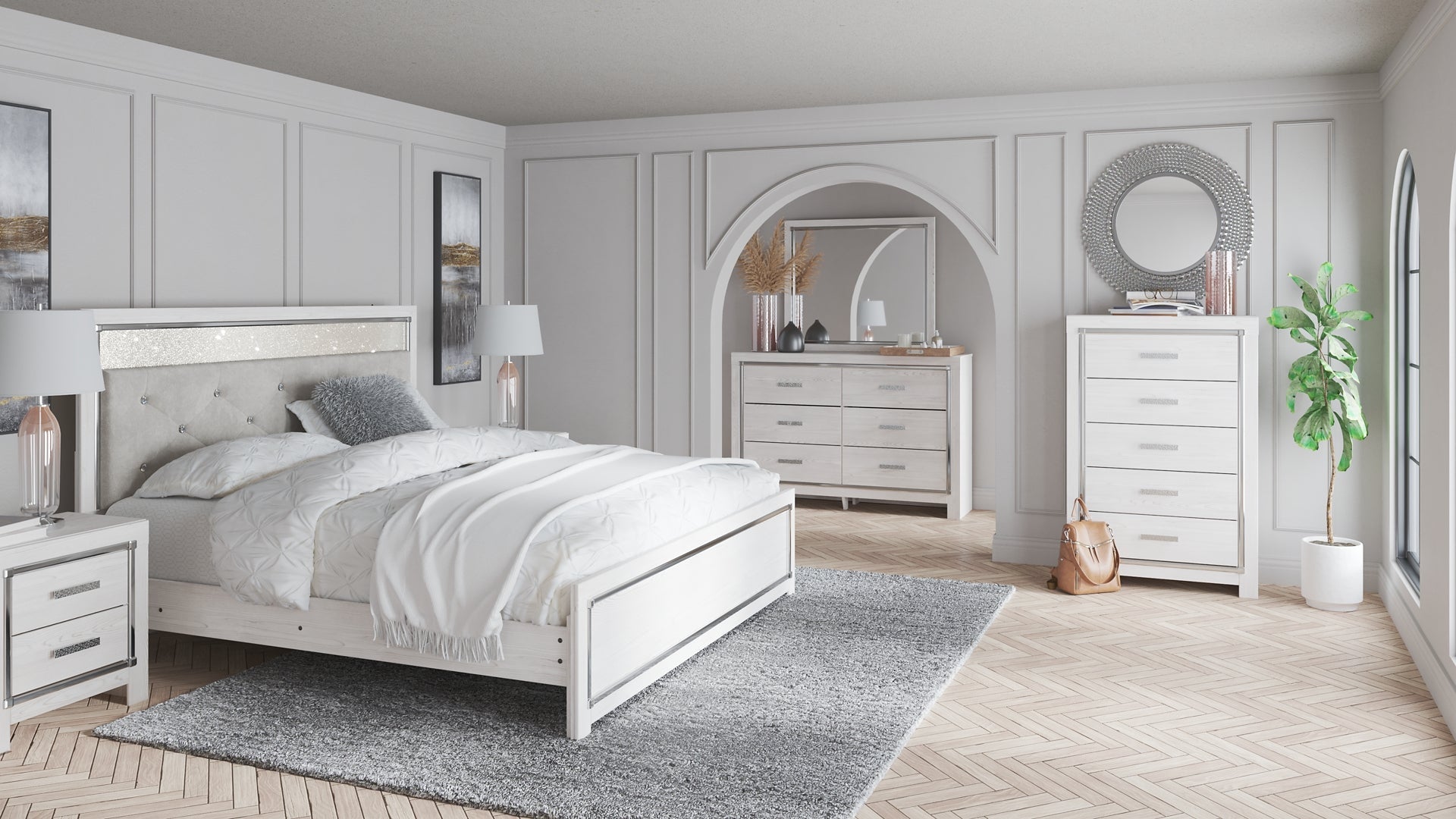 Altyra King Panel Bed with Mirrored Dresser and Chest at Walker Mattress and Furniture