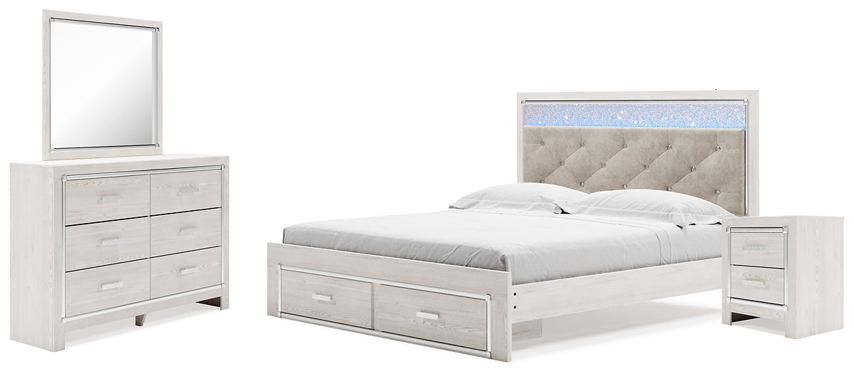 Altyra King Upholstered Storage Bed with Mirrored Dresser and Nightstand at Walker Mattress and Furniture