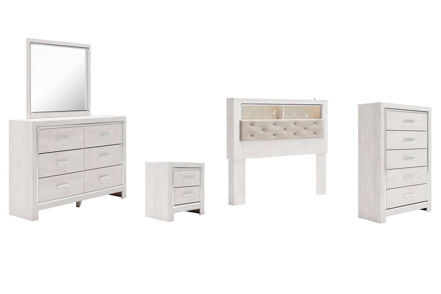 Altyra Queen Bookcase Headboard with Mirrored Dresser, Chest and Nightstand at Walker Mattress and Furniture
