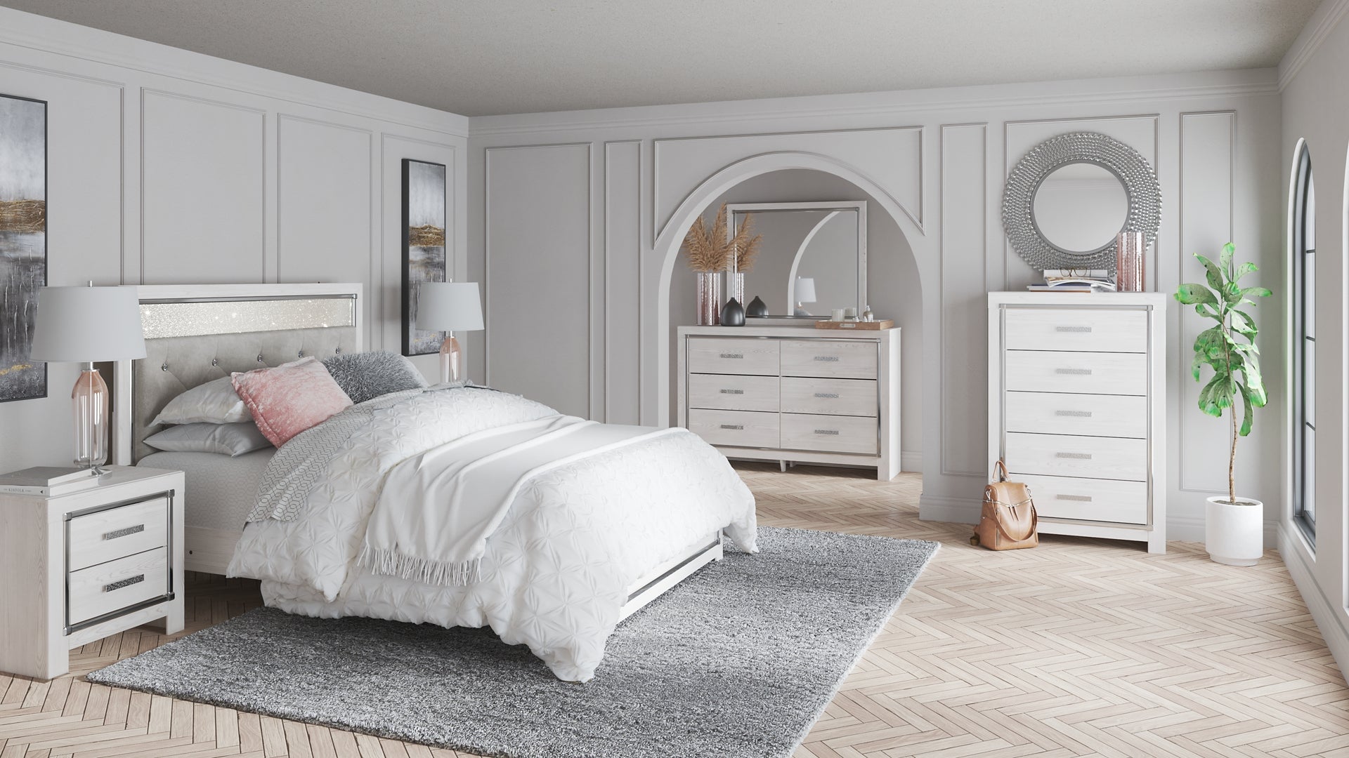 Altyra Queen Panel Bed with Mirrored Dresser, Chest and Nightstand at Walker Mattress and Furniture