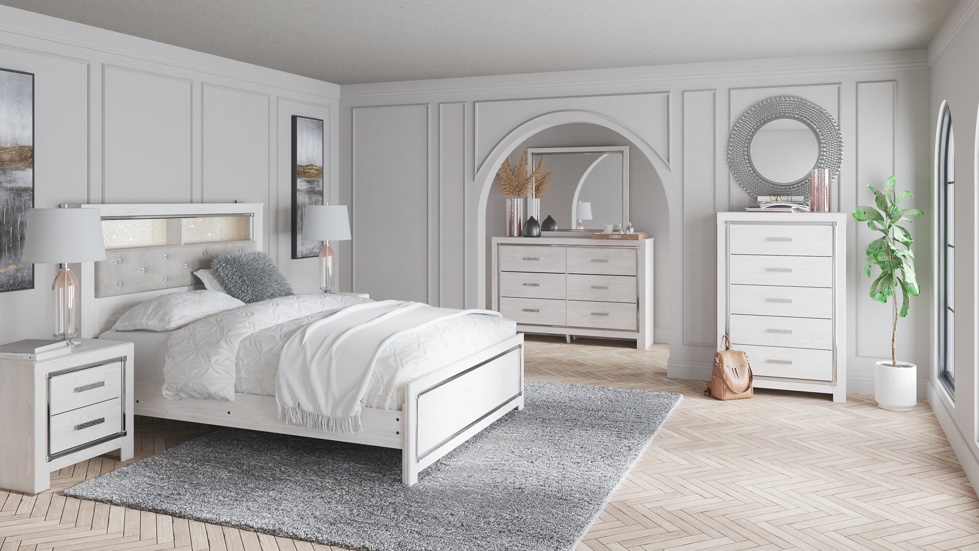 Altyra Queen Panel Bookcase Bed with Mirrored Dresser, Chest and Nightstand at Walker Mattress and Furniture