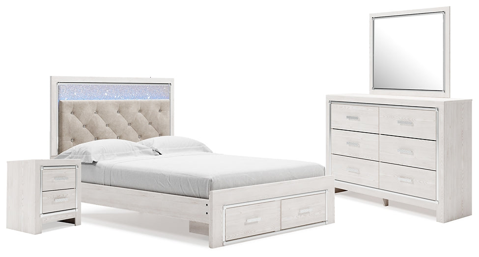 Altyra Queen Upholstered Storage Bed with Mirrored Dresser and Nightstand at Walker Mattress and Furniture