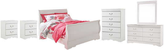 Anarasia Full Sleigh Bed with Mirrored Dresser, Chest and 2 Nightstands at Walker Mattress and Furniture