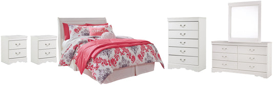 Anarasia Full Sleigh Headboard with Mirrored Dresser, Chest and 2 Nightstands at Walker Mattress and Furniture