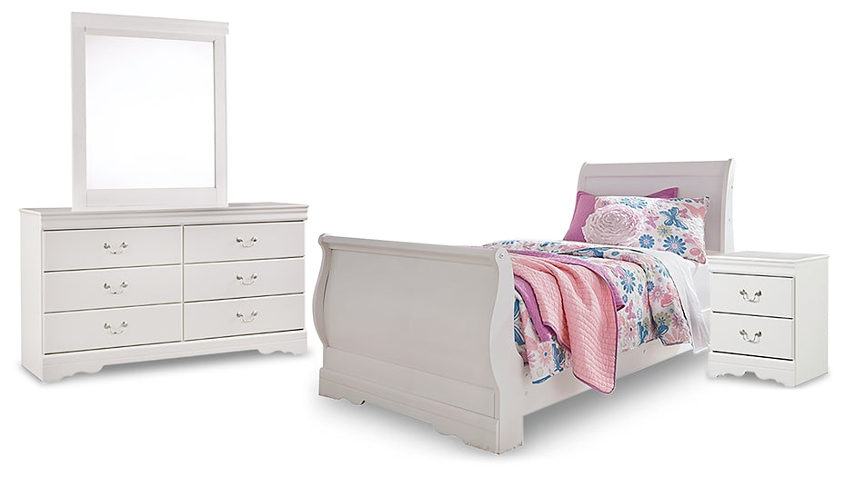 Anarasia Twin Sleigh Bed with Mirrored Dresser and Nightstand at Walker Mattress and Furniture
