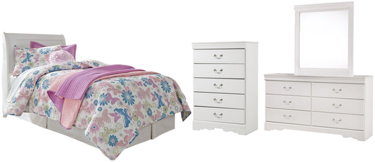 Anarasia Twin Sleigh Headboard with Mirrored Dresser and Chest at Walker Mattress and Furniture
