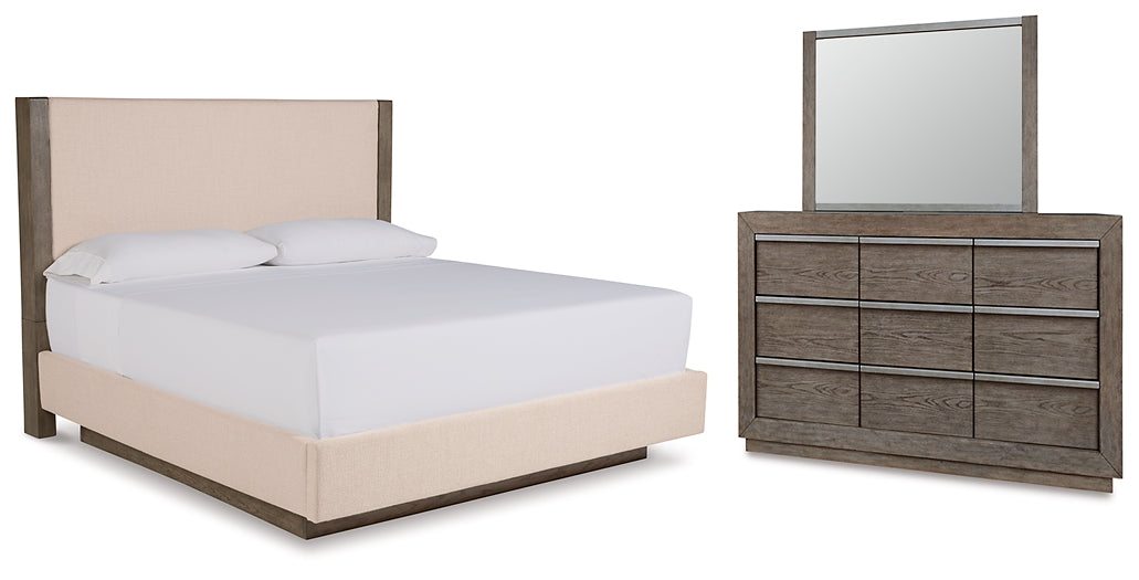 Anibecca King Upholstered Bed with Mirrored Dresser at Walker Mattress and Furniture