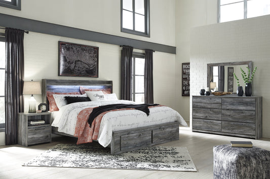Baystorm King Panel Bed with 2 Storage Drawers with Mirrored Dresser, and Nightstand at Walker Mattress and Furniture