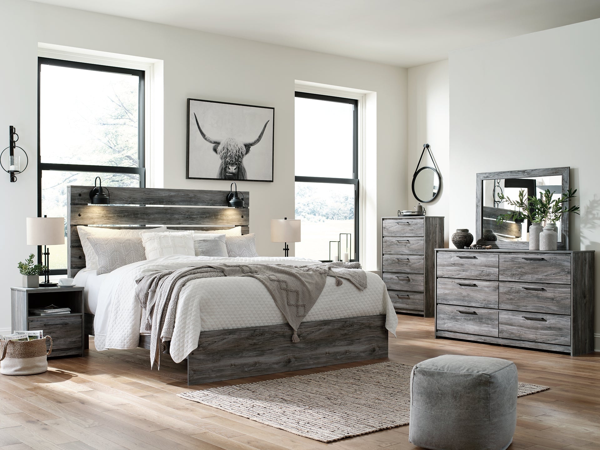 Baystorm King Panel Bed with Mirrored Dresser, Chest and 2 Nightstands at Walker Mattress and Furniture