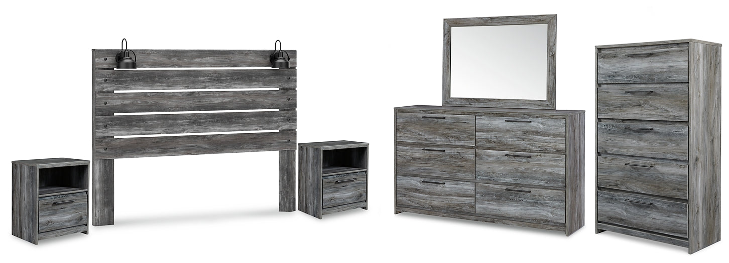 Baystorm King Panel Headboard with Mirrored Dresser, Chest and 2 Nightstands at Walker Mattress and Furniture