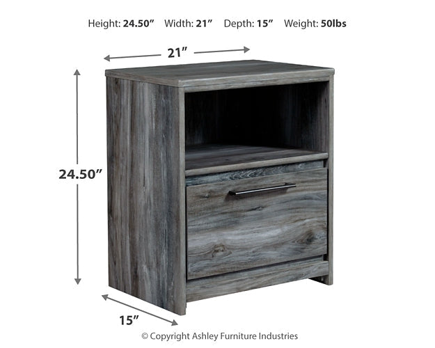 Baystorm Queen Panel Bed with 2 Storage Drawers with Mirrored Dresser and Nightstand at Walker Mattress and Furniture