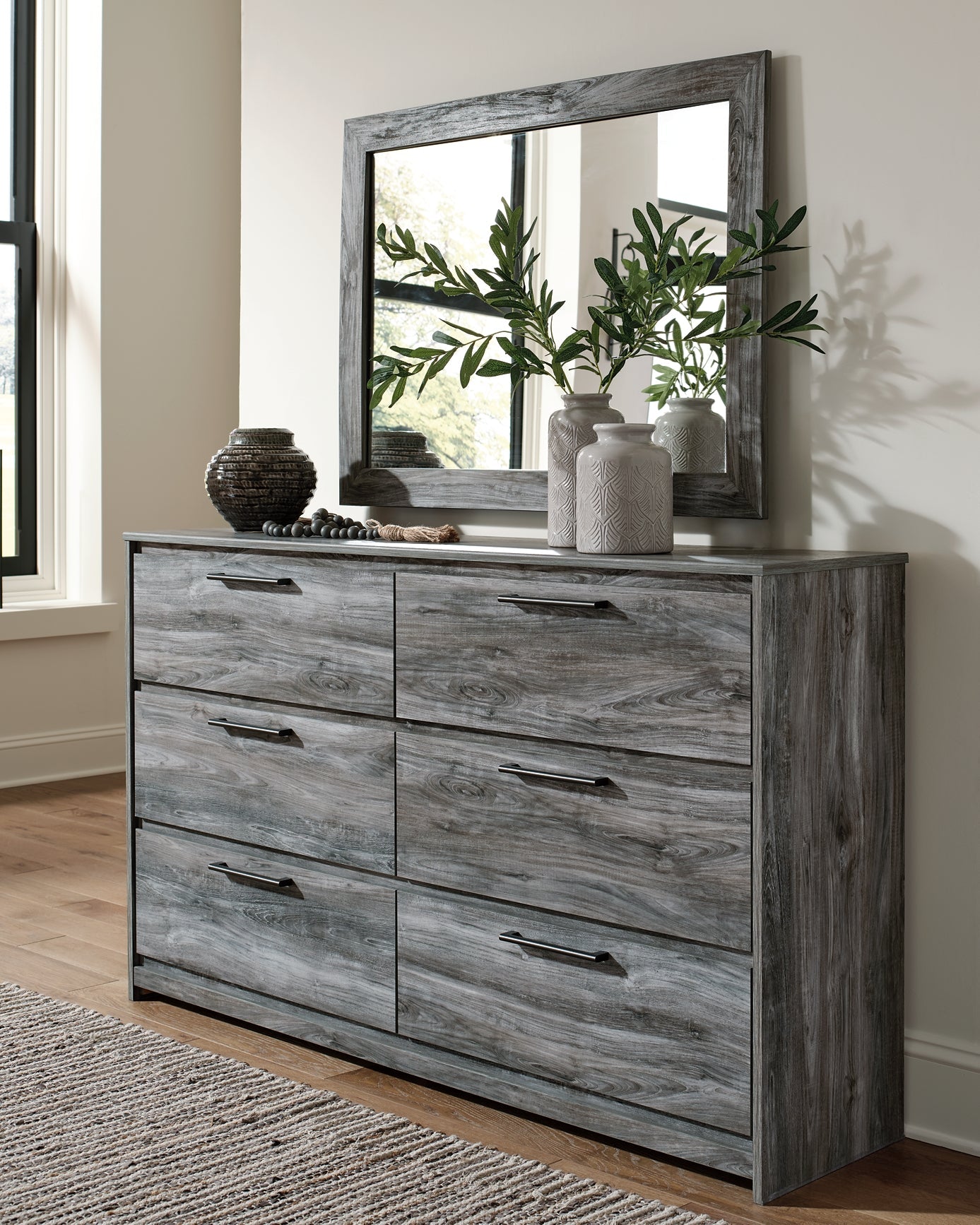 Baystorm Queen Panel Bed with 2 Storage Drawers with Mirrored Dresser and Nightstand at Walker Mattress and Furniture
