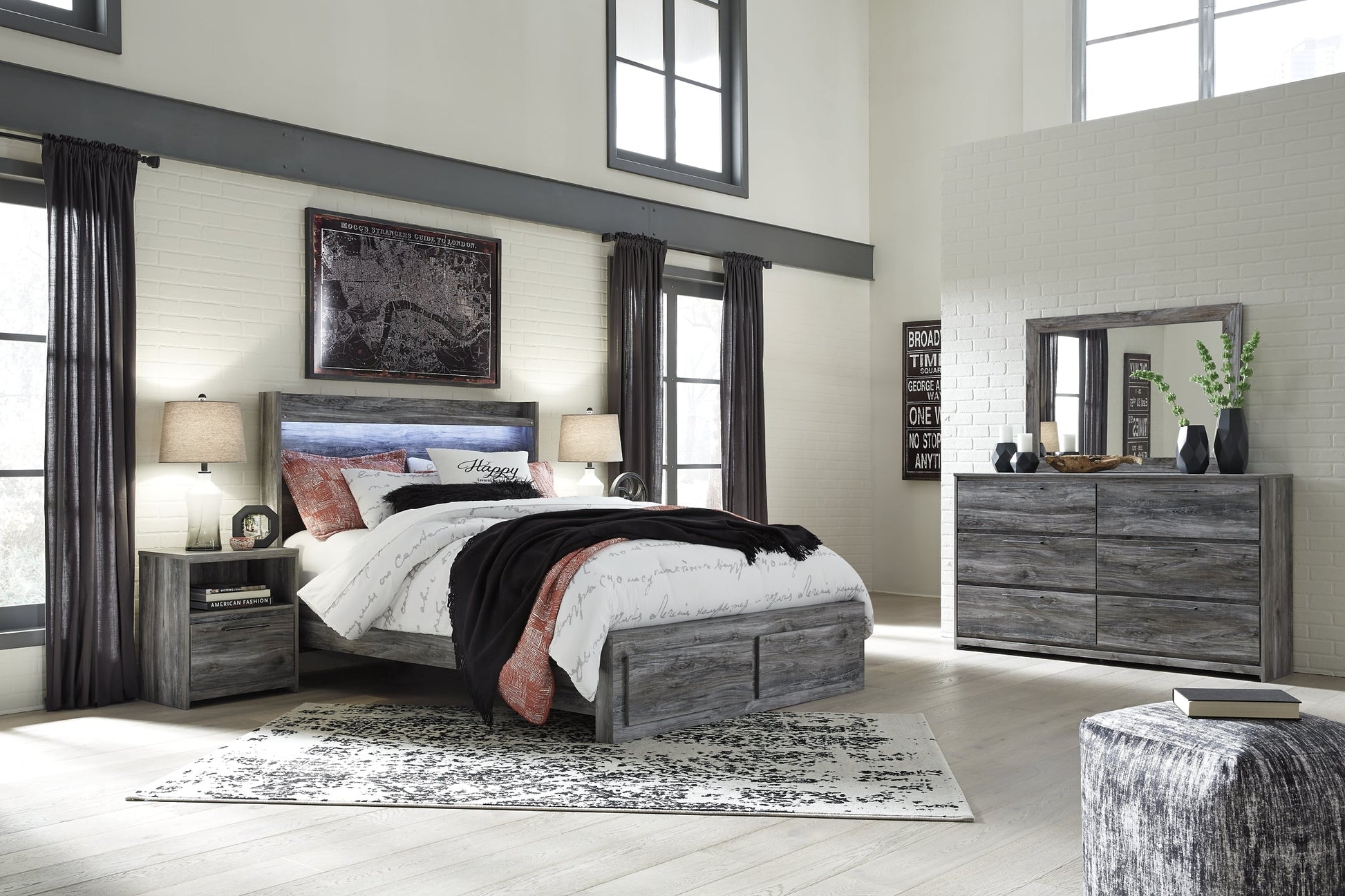 Baystorm Queen Panel Bed with 2 Storage Drawers with Mirrored Dresser and Nightstand at Walker Mattress and Furniture