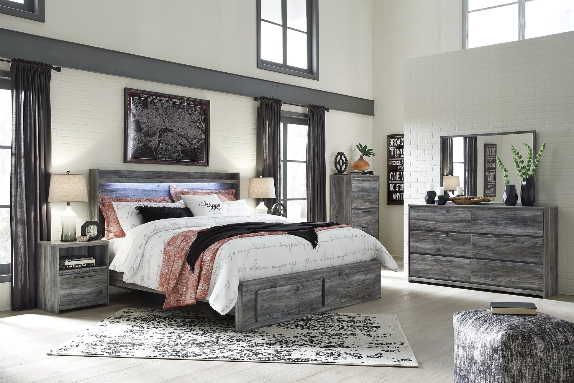 Baystorm Queen Panel Bed with 4 Storage Drawers with Dresser at Walker Mattress and Furniture