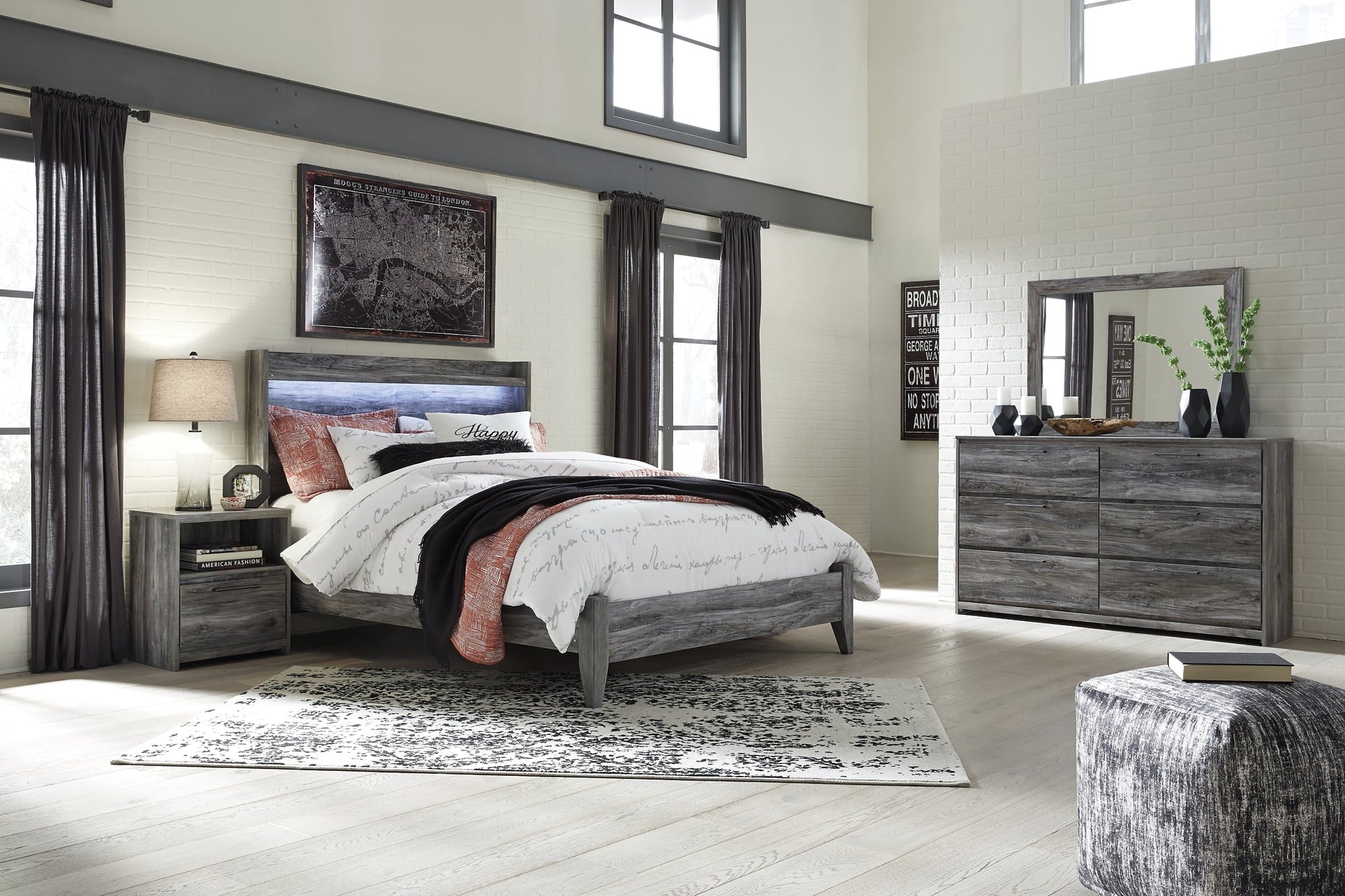 Baystorm Queen Panel Bed with Mirrored Dresser and Nightstand at Walker Mattress and Furniture