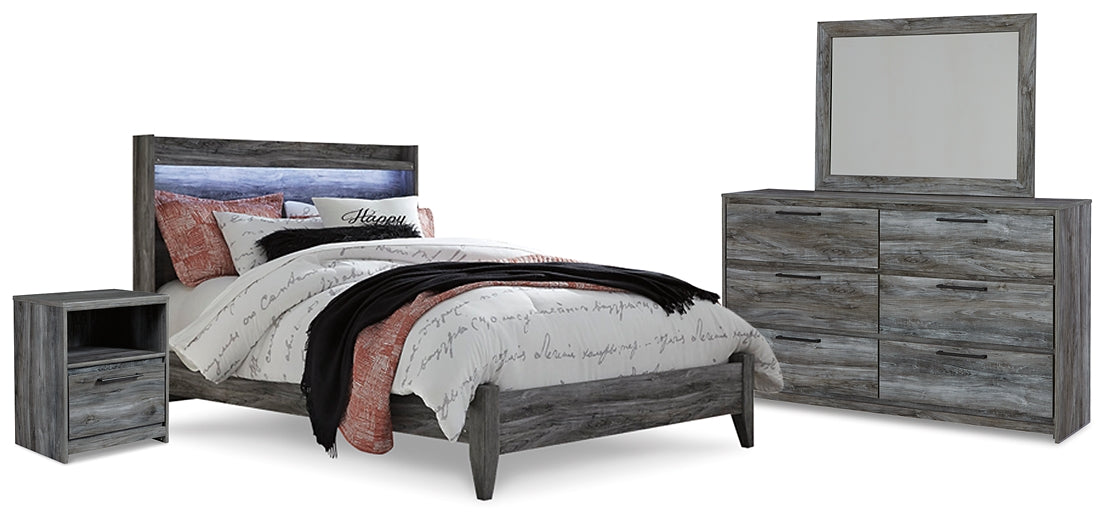 Baystorm Queen Panel Bed with Mirrored Dresser and Nightstand at Walker Mattress and Furniture