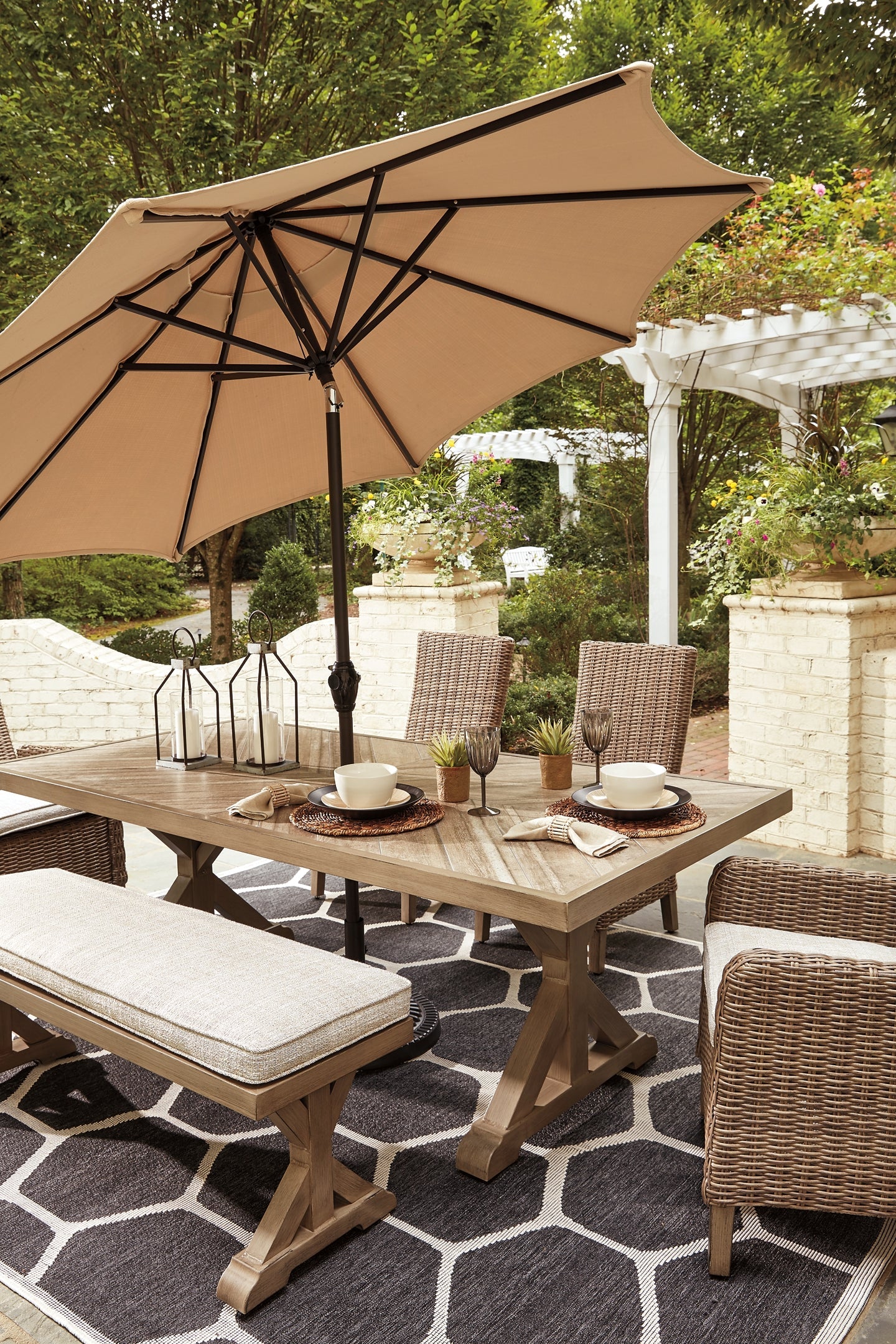 Beachcroft Outdoor Dining Table and 2 Chairs and 2 Benches at Walker Mattress and Furniture Locations in Cedar Park and Belton TX.