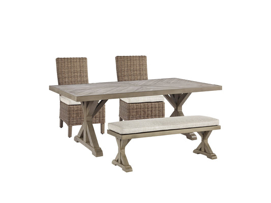 Beachcroft Outdoor Dining Table and 2 Chairs and 2 Benches at Walker Mattress and Furniture Locations in Cedar Park and Belton TX.