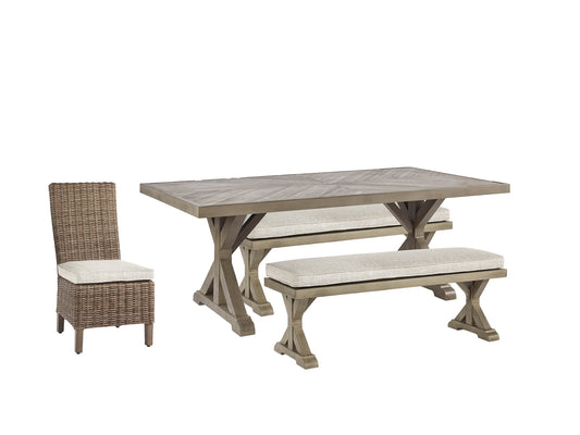Beachcroft Outdoor Dining Table and 4 Chairs and Bench at Walker Mattress and Furniture Locations in Cedar Park and Belton TX.