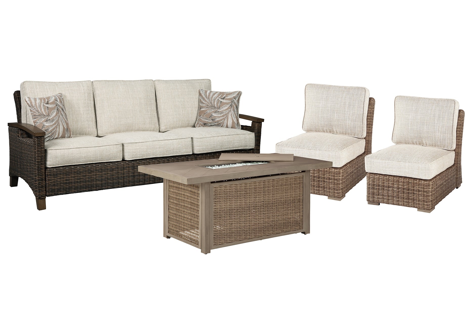 Beachcroft Outdoor Sofa and 2 Lounge Chairs with Fire Pit Table at Walker Mattress and Furniture Locations in Cedar Park and Belton TX.