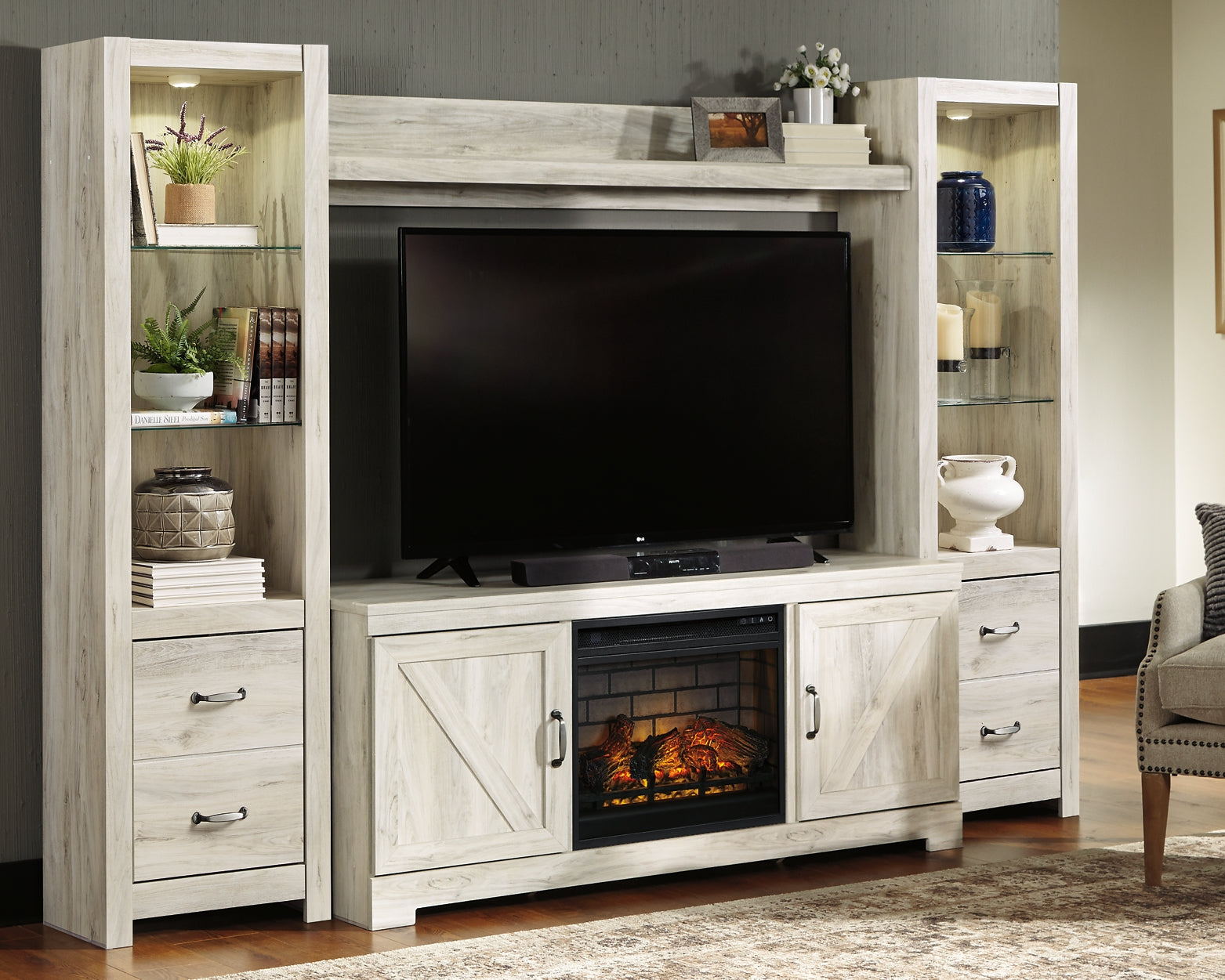 Bellaby 4-Piece Entertainment Center with Electric Fireplace at Walker Mattress and Furniture Locations in Cedar Park and Belton TX.