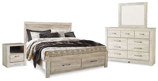 Bellaby King Platform Bed with 2 Storage Drawers with Mirrored Dresser and Nightstand at Walker Mattress and Furniture Locations in Cedar Park and Belton TX.