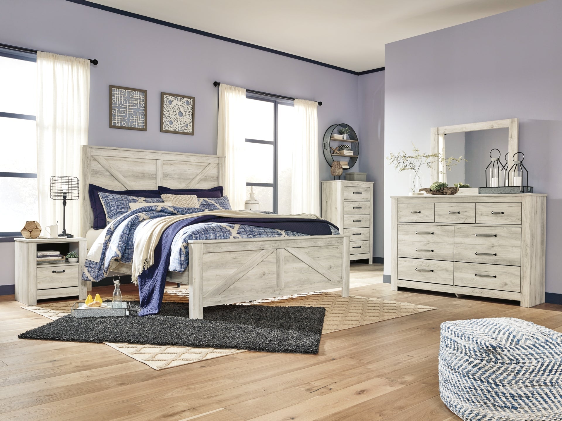 Bellaby Queen Crossbuck Panel Bed with Mirrored Dresser, Chest and 2 Nightstands at Walker Mattress and Furniture Locations in Cedar Park and Belton TX.