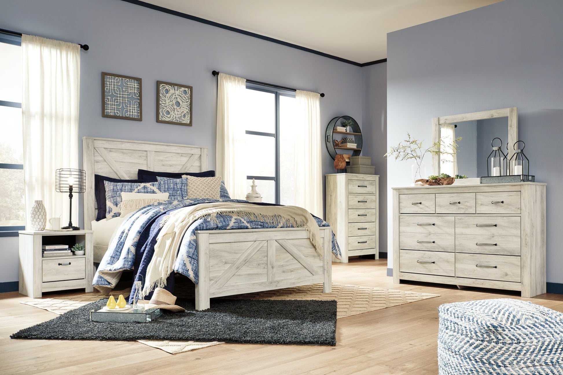 Bellaby Queen Crossbuck Panel Bed with Mirrored Dresser, Chest and 2 Nightstands at Walker Mattress and Furniture Locations in Cedar Park and Belton TX.