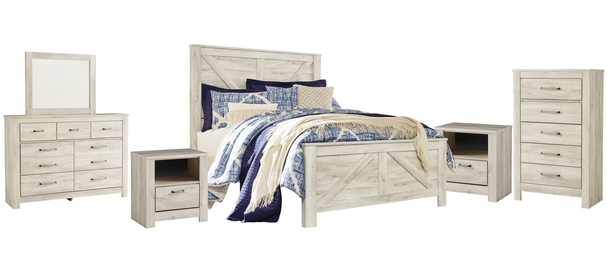 Bellaby Queen Crossbuck Panel Bed with Mirrored Dresser, Chest and 2 Nightstands at Walker Mattress and Furniture Locations in Cedar Park and Belton TX.