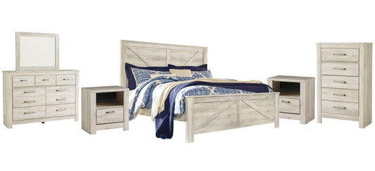 Bellaby Queen Crossbuck Panel Bed with Mirrored Dresser, Chest and 2 Nightstands at Walker Mattress and Furniture Locations in Cedar Park and Belton TX.