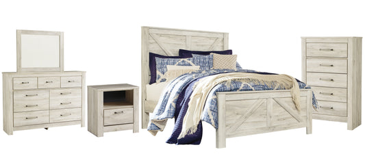 Bellaby Queen Crossbuck Panel Bed with Mirrored Dresser, Chest and Nightstand at Walker Mattress and Furniture Locations in Cedar Park and Belton TX.