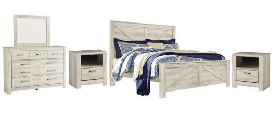 Bellaby Queen Crossbuck Panel Bed with Mirrored Dresser and 2 Nightstands at Walker Mattress and Furniture Locations in Cedar Park and Belton TX.