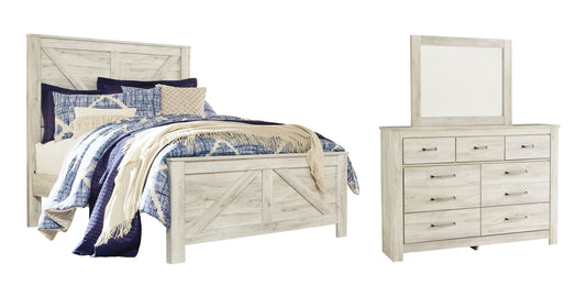 Bellaby Queen Crossbuck Panel Bed with Mirrored Dresser at Walker Mattress and Furniture Locations in Cedar Park and Belton TX.