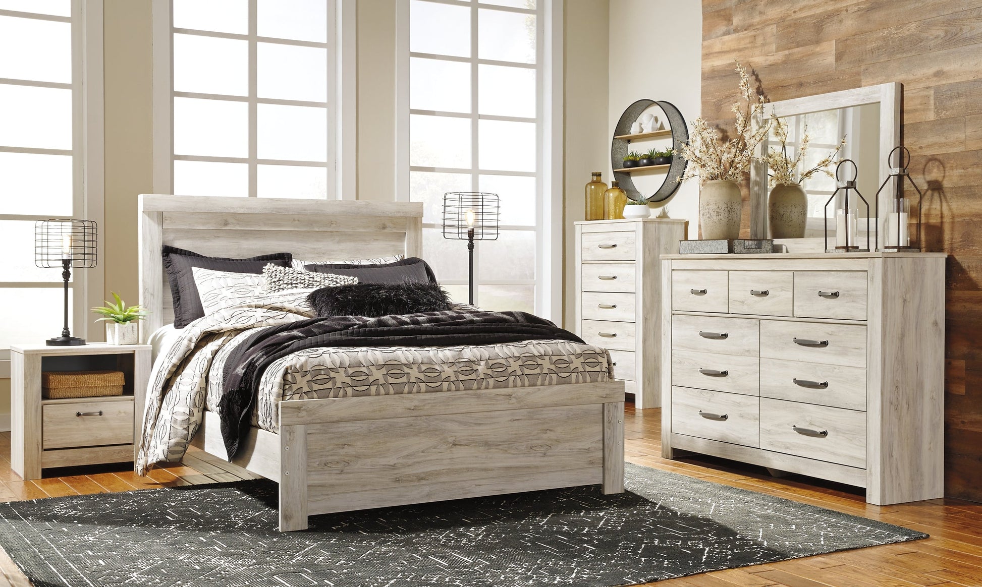 Bellaby Queen Panel Bed with Mirrored Dresser, Chest and 2 Nightstands at Walker Mattress and Furniture Locations in Cedar Park and Belton TX.