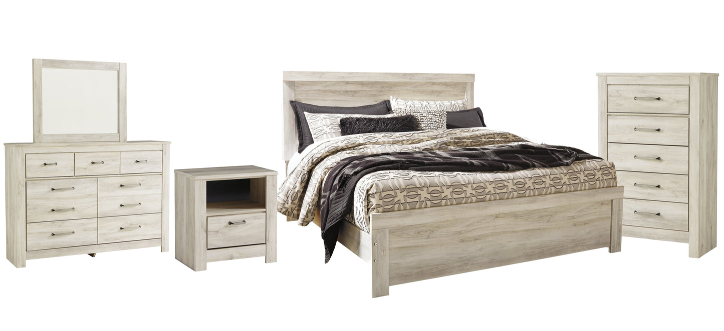 Bellaby Queen Panel Bed with Mirrored Dresser, Chest and Nightstand at Walker Mattress and Furniture Locations in Cedar Park and Belton TX.
